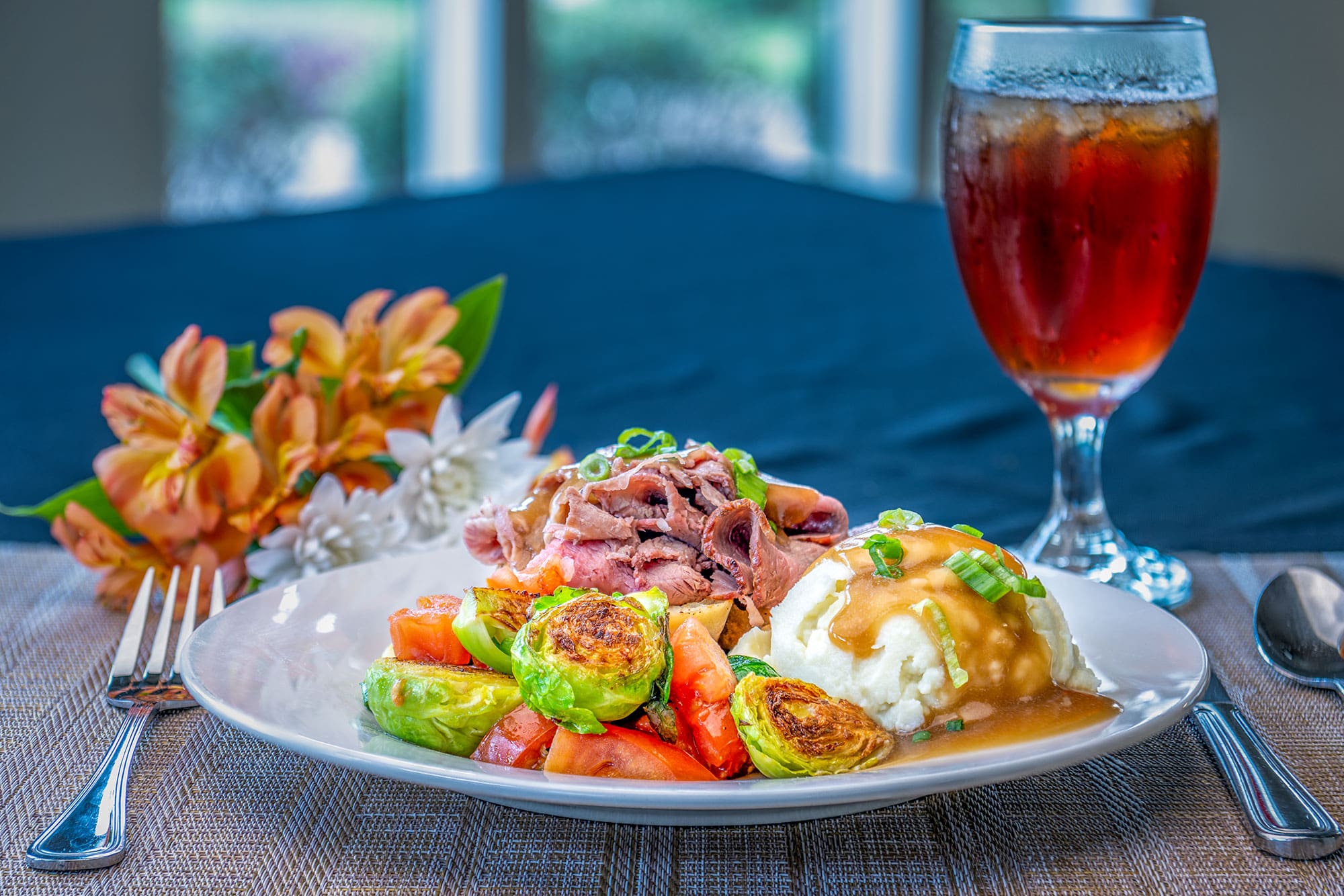 Roast beef, vegetables, mashed potatoes Elevate Dining